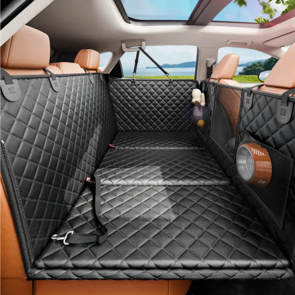 REEVAA Dog Seat Cover, Hard Bottom Back Seat Extender for Heavy-Duty Dogs, Dog Car Seat Cover with Cushion Sponge, Waterproof Dog Hammock with Mesh Window for Car, Universal Fits for Crew Cab Truck/Suv, Black