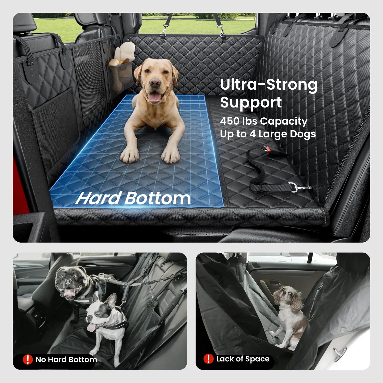REEVAA Dog Seat Cover, Hard Bottom Back Seat Extender for Heavy-Duty Dogs, Dog Car Seat Cover with Cushion Sponge, Waterproof Dog Hammock with Mesh Window for Car, Universal Fits for Crew Cab Truck/Suv, Black