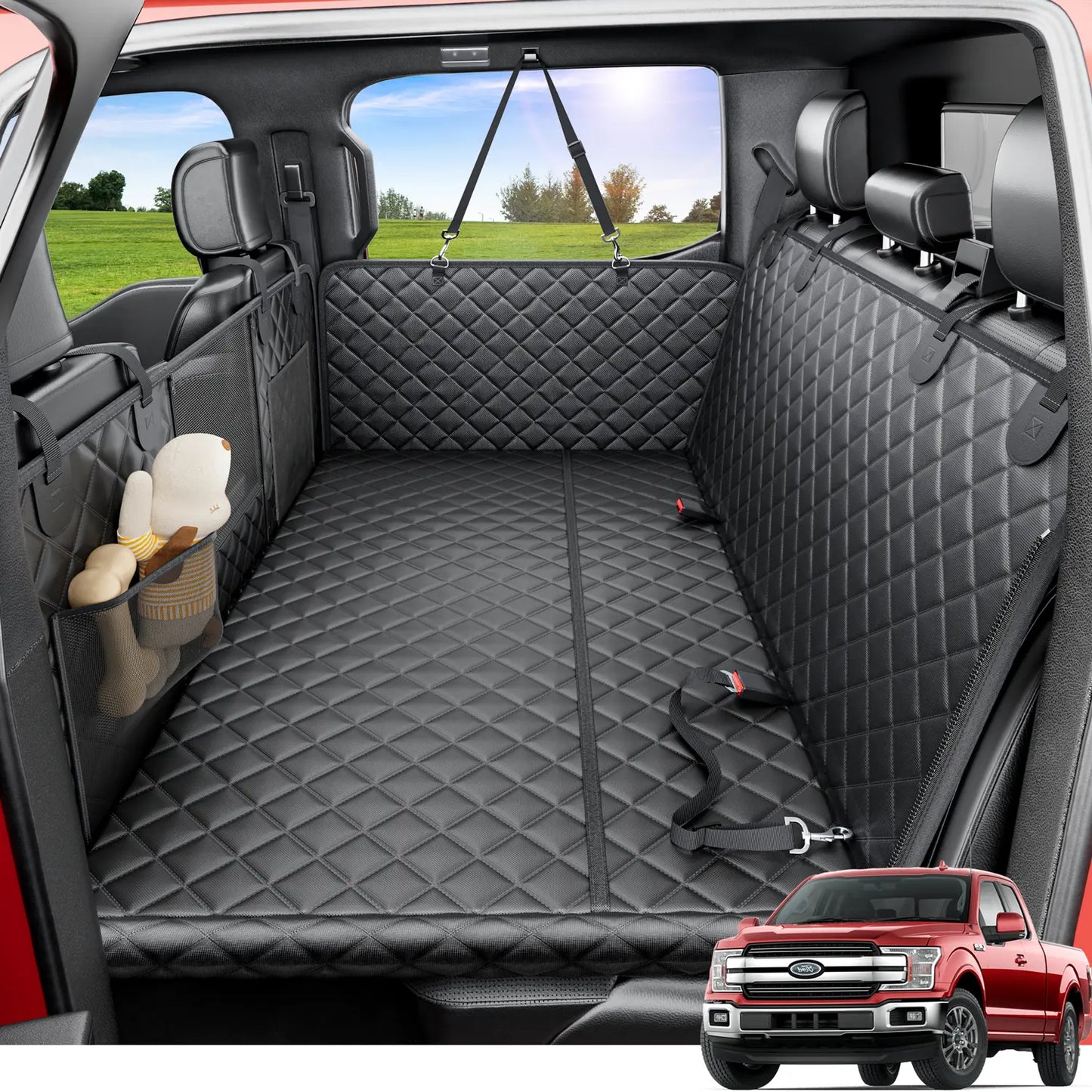 REEVAA Dog Seat Cover, Hard Bottom Back Seat Extender for Heavy-Duty Dogs, Dog Car Seat Cover with Cushion Sponge, Waterproof Dog Hammock with Mesh Window for Car, Universal Fits for Crew Cab Truck/Suv, Black